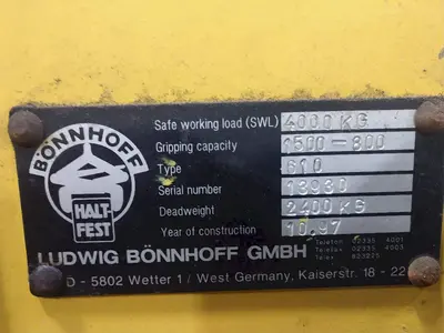 8500 LB 4.25 TON LUDWIG BONNHOFF MODEL 610 DOUBLE RIM VERTICAL COIL LIFTING TONG SCISSOR TYPE COIL LIFT: STOCK #14205