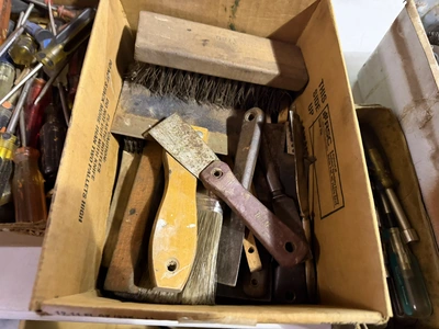 Large lot of assorted hand tools, includes sockets, wrenches, screwdrivers, nut drivers, brushes, an...