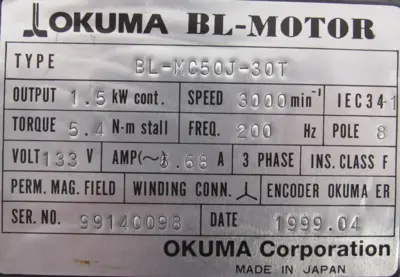 REFURBISHED OKUMA BL-MC50J-30T SERVO MOTOR BLMC50J30T