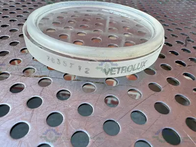 USED VETROLUX DIN 7080-6 SIGHT GLASS W/ STAINLESS STEEL 5" OD THREADED FITTING
