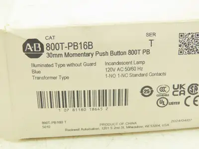 Allen Bradley 800T-PB16B Illuminated Push Button Momentary Blue 120VAC 30mm