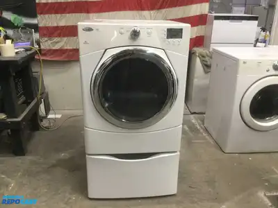 USED WHIRLPOOL DUET STEAM ELECTRIC DRYER ON STORAGE PEDESTAL HIGH EFFICIENCY ENERGY STAR