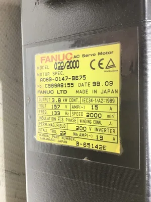 Fanuc a22/2000 AC Servo Motor 157V 15A 133Hz 3Phase 3,8kW Cont