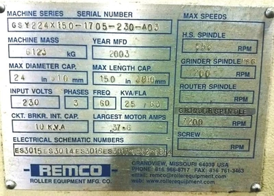 REMCO 24″ X 150″ RUBBER ROLL GRINDER, ITEM # 1948