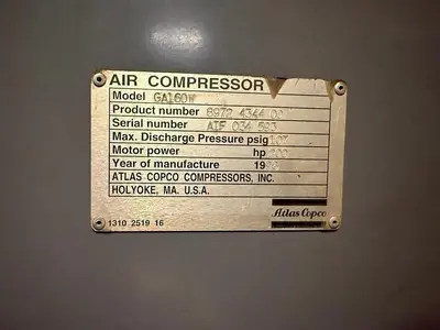 Used ATLAS COPCO GA160W Rotary Screw & Sliding Vane Air Compressors Pennsylvania US | Global Equipment International, LLC #721262