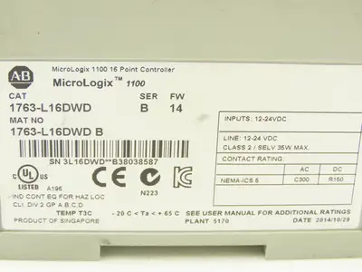 Allen Bradley 1763-L16DWD PLC MicroLogix 1100 16 Point Controller Ser B FW 14