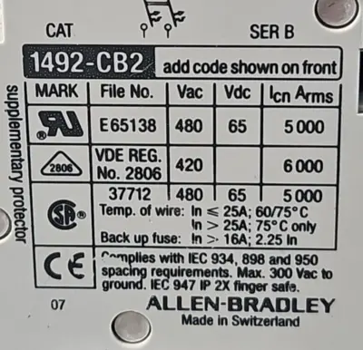 Allen-Bradley 1492-CB2 H 050 Series B Circuit Breaker 5A loc4A13