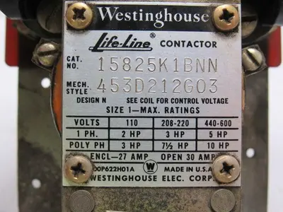 Westinghouse 15825K1BNN Vintage Life Line Contactor Size 1  2 Pole