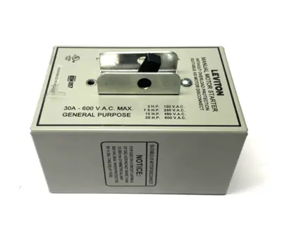 USED LEVITON THREE-POLE AC MANUAL MOTOR CONTROLLER 30A 600V 3-PHASE