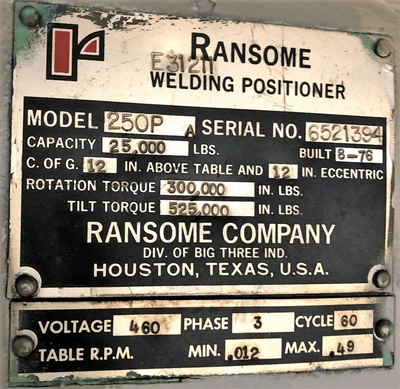 USED 1976 RANSOME WELDING POSITIONERS 250P A