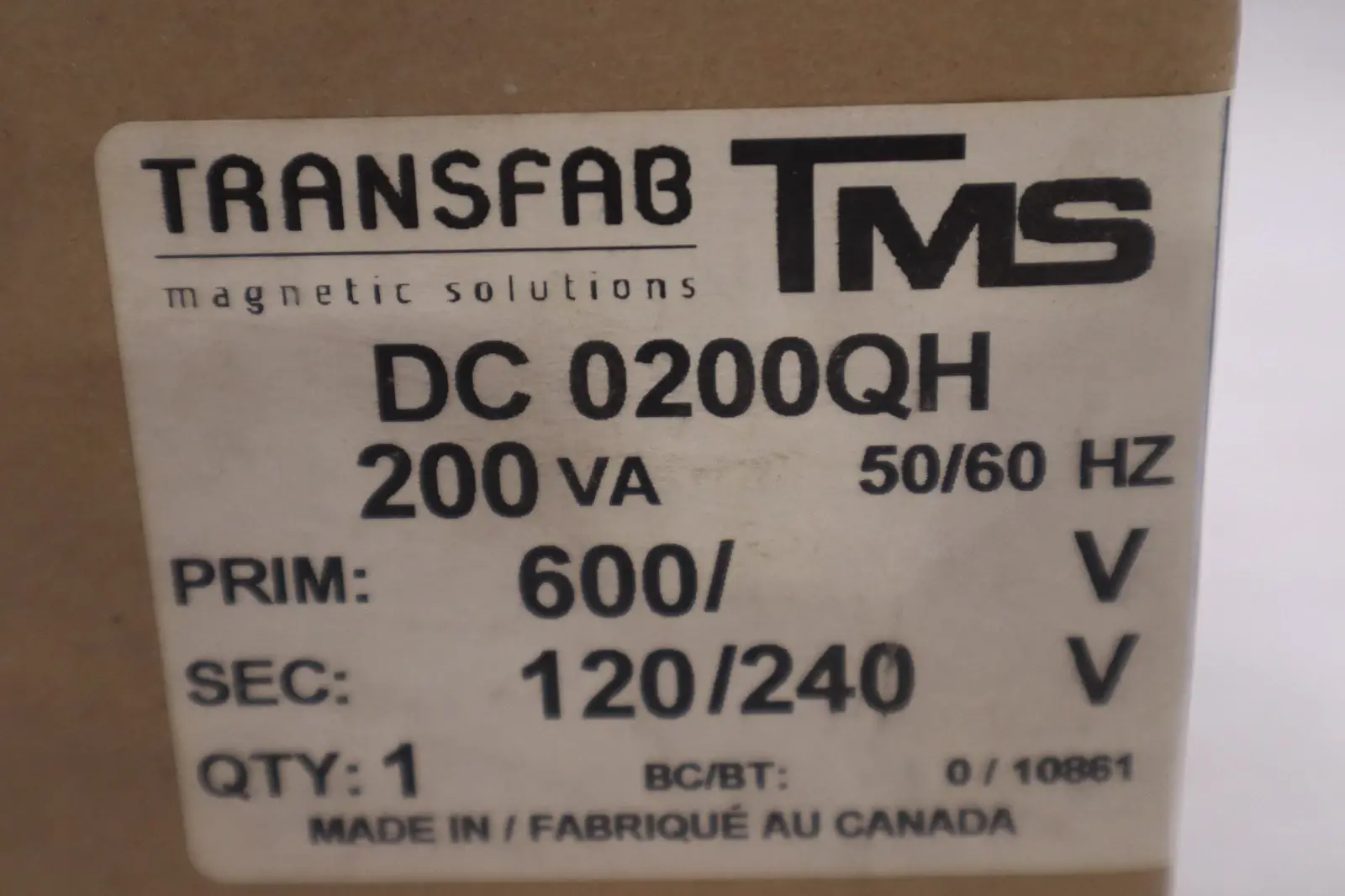 TRANSFAB TMS DC0200QH/ DC-0200-QH CONTROL TRANSFORMER - STOCK GF1048