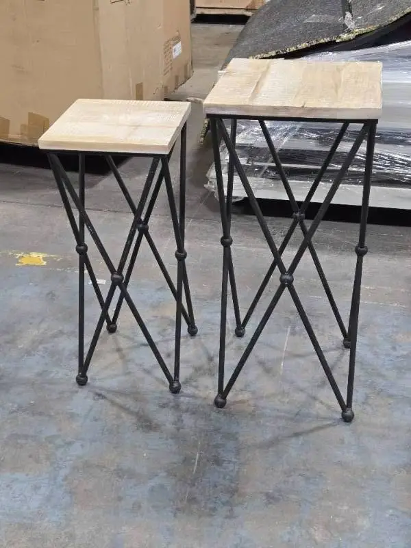 Lot of (2) Side Tables Distressed Wood Top / Metal Frame