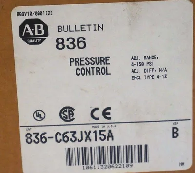 NEW ALLEN BRADLEY 836-C63JX15A PRESSURE CONTROL SER. B, 4-150PSI, 836C63JX15A