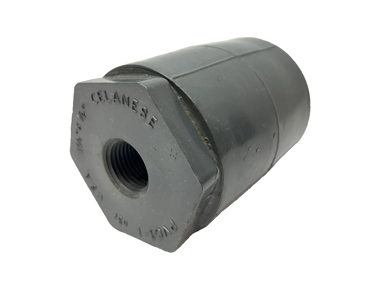 USED CELANESE 1-1/2" X 1/2" REDUCER BUSHING FLUSH STYLE PVC-I NSF 3-3/8" OAL