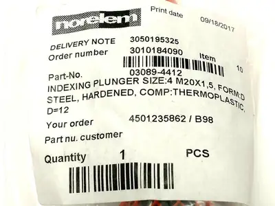 03089-4412 | Norelem  Indexing Plunger Size 4 M20x1,5 Form D Hardened Steel - New