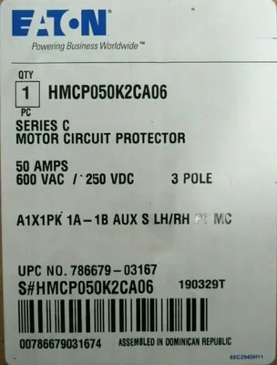 NEW EATON HMCP050K2CA06 CIRCUIT BREAKER 50A 600VAC-250VDC 3-POLE
