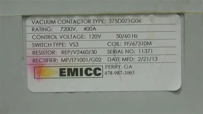 Emicc 375D071G06 Type VS3 Vacuum Contactor 7200V 400 Amps Used