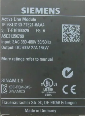 USED SIEMENS 6SL3130-7TE21-6AA4 ACTIVE LINE MODULE 6SL31307TE216AA4