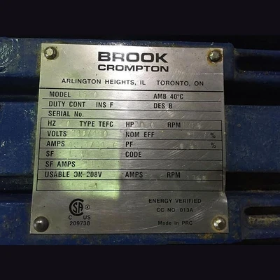 Brook Crompton TEFC 20 hp Electric Motor