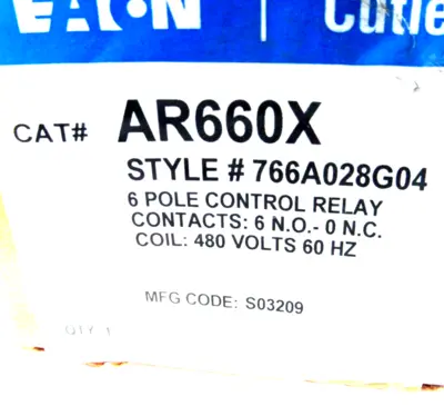 NEW CUTLER HAMMER AR660X 6 POLE CONTROL RELAY 480V 60HZ