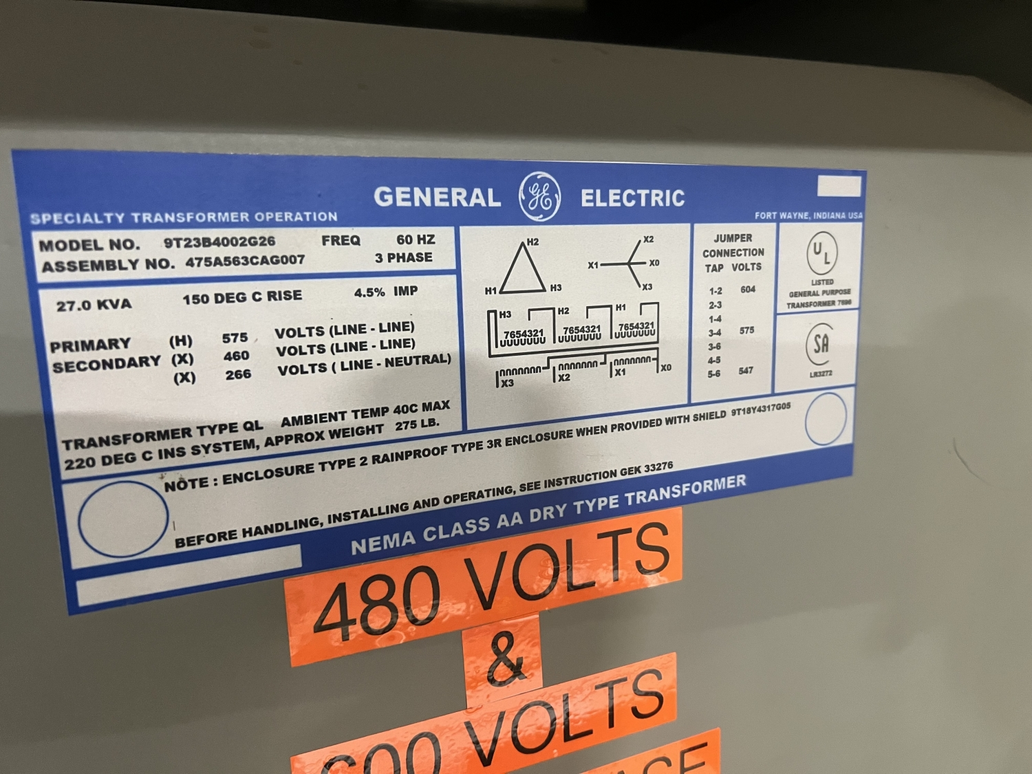 General Electric Nema Class AA Dry Type Transformer 27.0 KVA