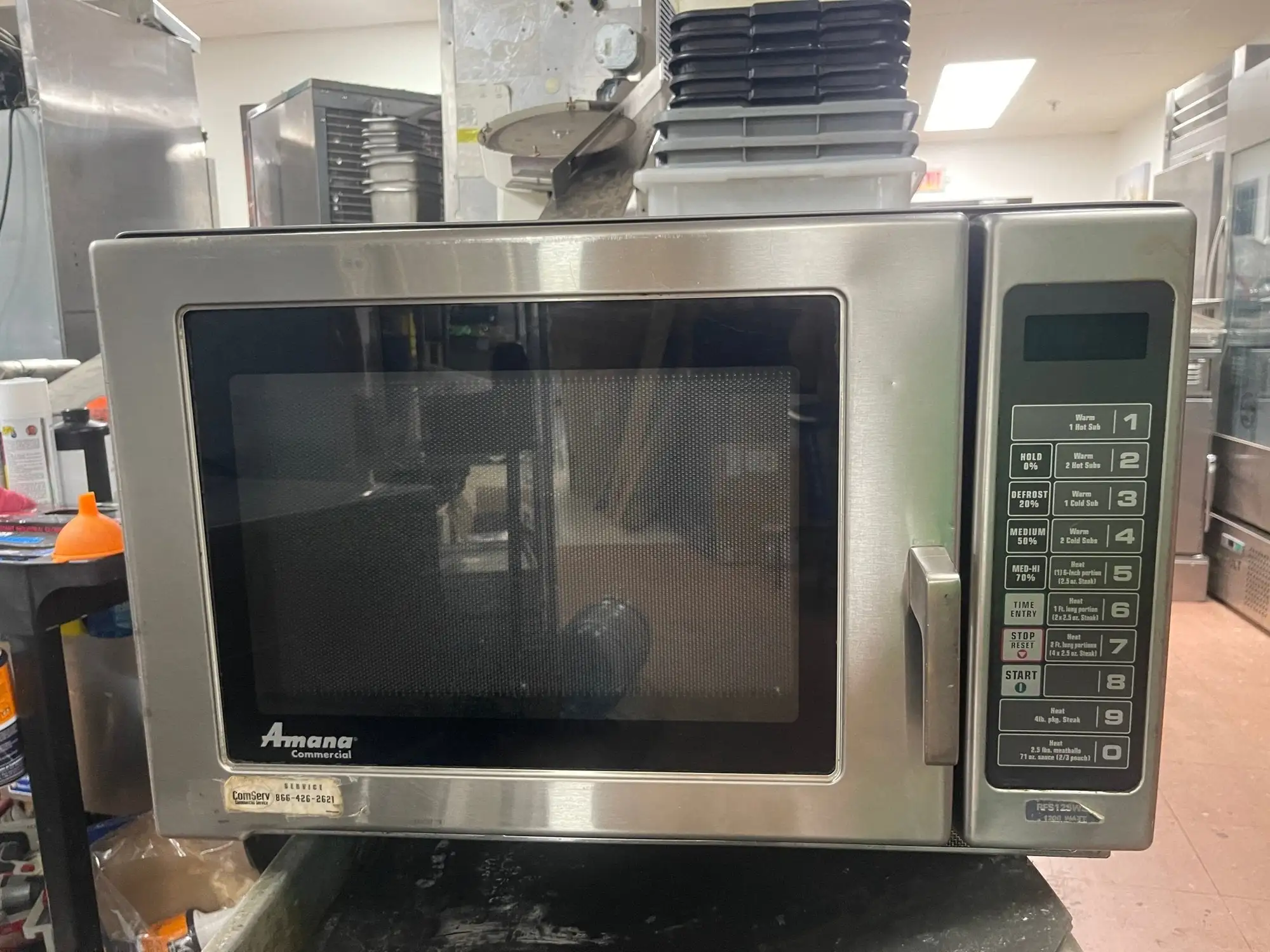 Used Amana Used Amana RFS12SW2A Commercial 1200W Stainless Microwave 120V Restaurant Small Appliances Illinois US | Falcon Restaurant Supply #1375716