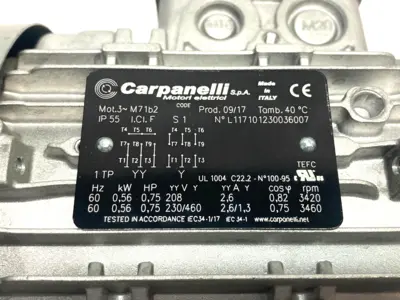 USED CARPANELLI ASYNCHRONOUS 3-PHASE MOTOR 2-POLE 0.75HP 0.56KW 60HZ