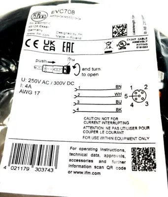 NEW IFM ELECTRONIC ADOGH040MSP0010H04-EVC708 FEMALE CORDSET EVC708 LOT OF 2