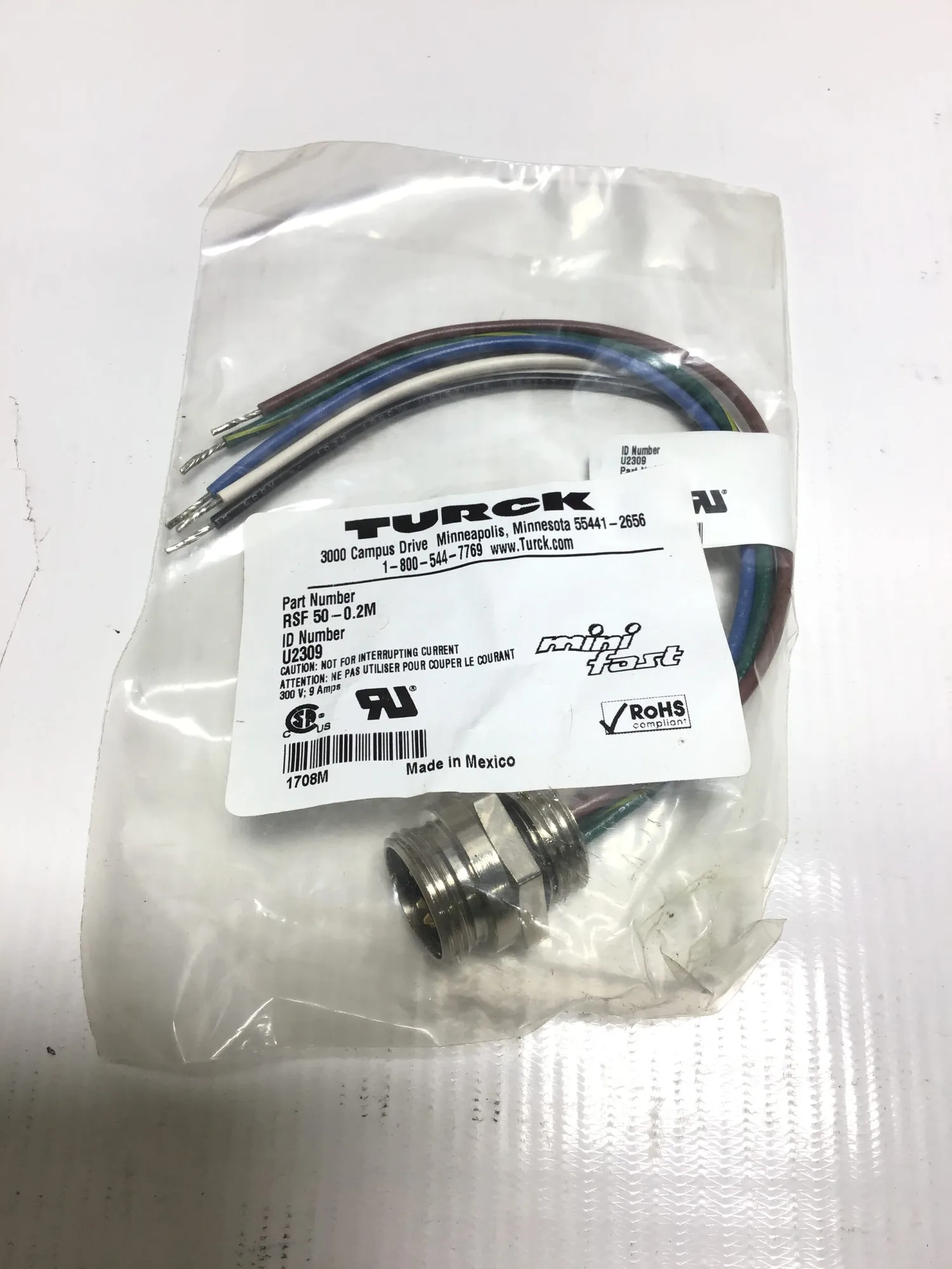 Turck RSF 50-0.2M Minifast Receptacle Cordset U2309 300V 9Amps