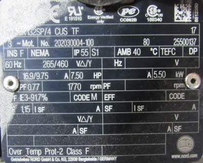NEW NORD SK42F-132SP/4 CUS TF GEARMOTOR 17.92:1 265/460V 7.5HP