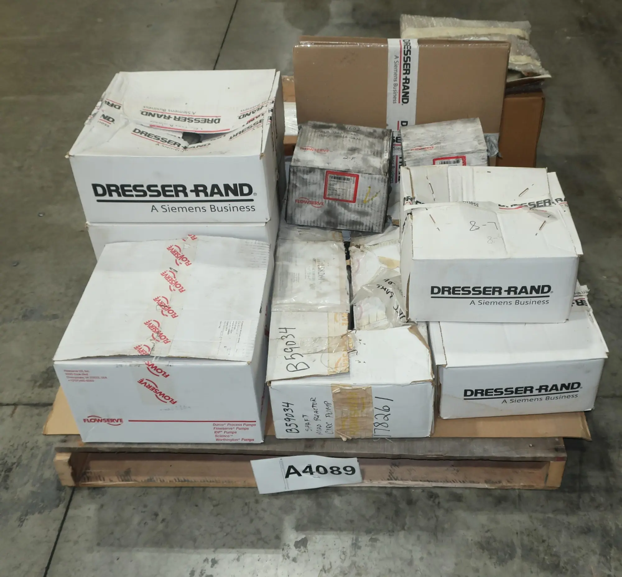 PALLET OF ASSORTED PUMP PARTS, DIAPHRAGM, RINGS, SEALS, COVERS, DRESSER RAND, FLOWSERVE