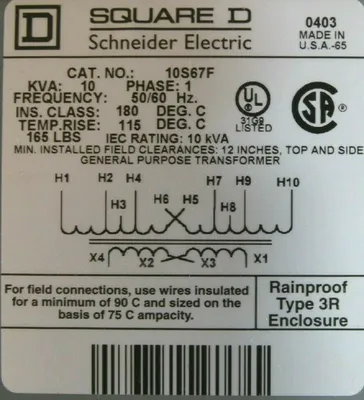 NEW SQUARE D 10S67F TRANSFORMER PRI 220x440V SEC 110/120V