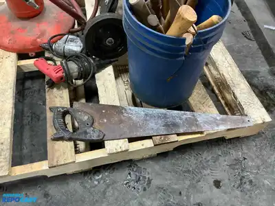 Skid Lot of Tools Including Hammer Handles, Skil Drill, Milwaukee Drill, Rocket Omega Bead...