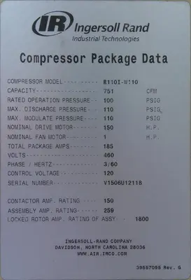 SPC9316  Compressor 150 hp Ingersoll Rand air compressor model R110I-W110, 751 cfm