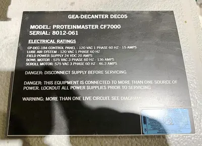 (4) GEA Westfalia ProteinMaster CF 7000 sanitary tricanter centrifuges, 316SS.