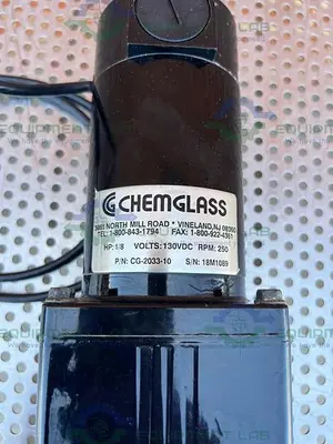 USED CHEMGLASS CG-2033-10 OVERHEAD STIRRER 1/8 HP , 250 RPM, 130 VDC