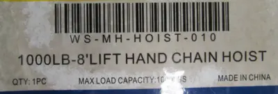 NEW WORK SMART WS-MH-HOIST-010 MANUAL CHAIN HOIST 1000 LBS MAX WSMHHOIST010