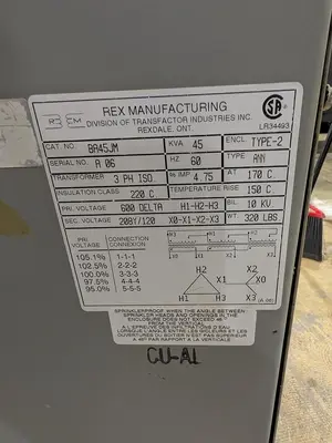 REX TRANSFORMER 45KVA (600V- 208/120V) #204