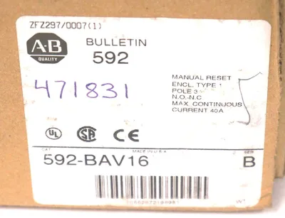 NEW ALLEN BRADLEY 592-BAV16 MANUAL RESET ENCLOSURE SER. B, 592BAV16
