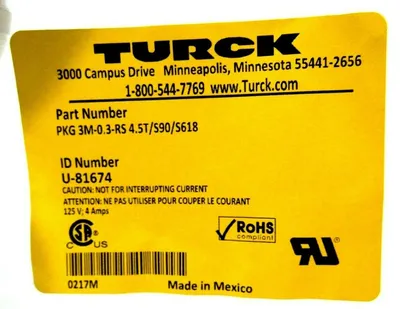 NEW TURCK PKG 3M-0.3-RS 4.5T/S90/S618 CORDSET U-81674 PKG3M03RS45TS90S618