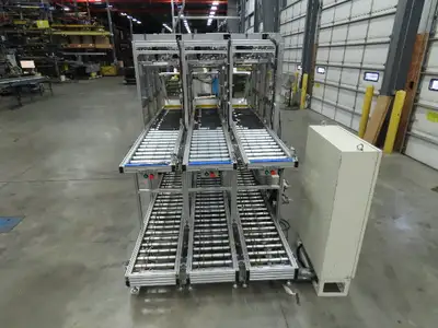 Basket Feeder Stacker 3-Row 14" Roller Conveyor Chain Drive Lift Stack System