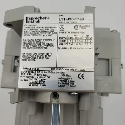 USED SPRECHER+SCHUH SPRECHER & SCHUH L11-J30-1753 30A UL CLASS J FUSED DISCONNECT SWITCH