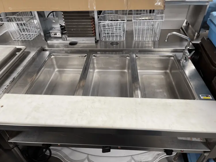 Used Falcon Restaurant Supply Used 48" Open Well 3 Pan Electric Stainless Steel Steam Table with Faucet 220V Steam Tables (Food) Illinois US | Falcon Restaurant Supply #1376150