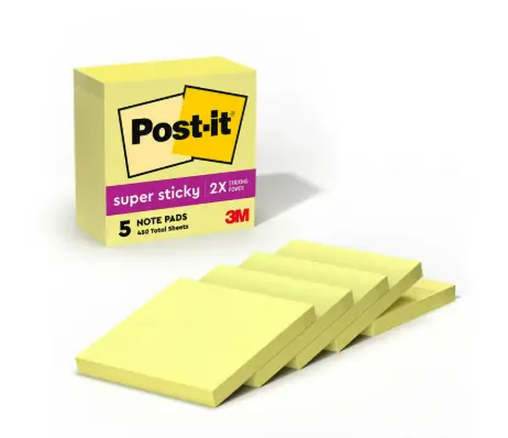 Post-it Super Sticky Notes, 3" x 3", Canary Yellow, Pack Of 5 Pads