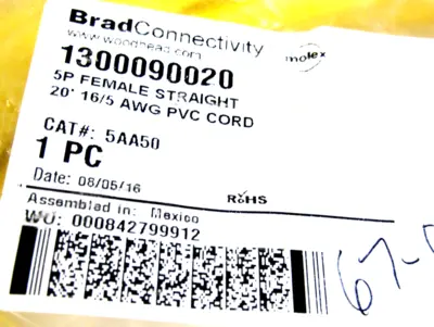 NEW MOLEX WOODHEAD 1300090020 5P FEMALE STRAIGHT 20"CORDSET 5AA50
