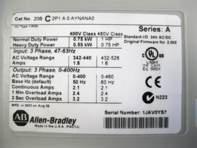 Allen-Bradley 20B-C2P1A0AYNANA0 Ser A Powerflex 700 1 HP AC Drive A2