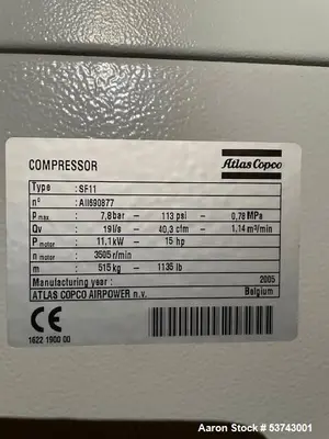 Used ATLAS COPCO SF-11 Rotary Screw & Sliding Vane Air Compressors Illinois US | Aaron Equipment #84103
