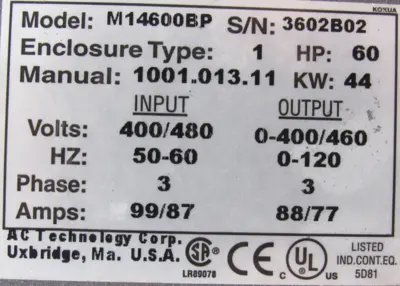 USED LENZE M14600BP DRIVE 60HP INCLUDES 840-031 REMOTE KEYPAD/DISPLAY