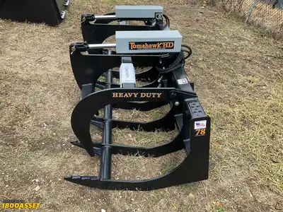 New Tomahawk 78” brush grapple attachment, two hydraulic grapple arms, skid steer quick attach