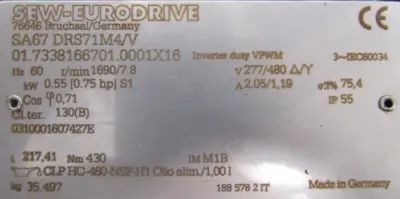 NEW SEW EURODRIVE SA67 DRS71M4/V GEARMOTOR 277/480V 217.41 SA67DRS71M4V
